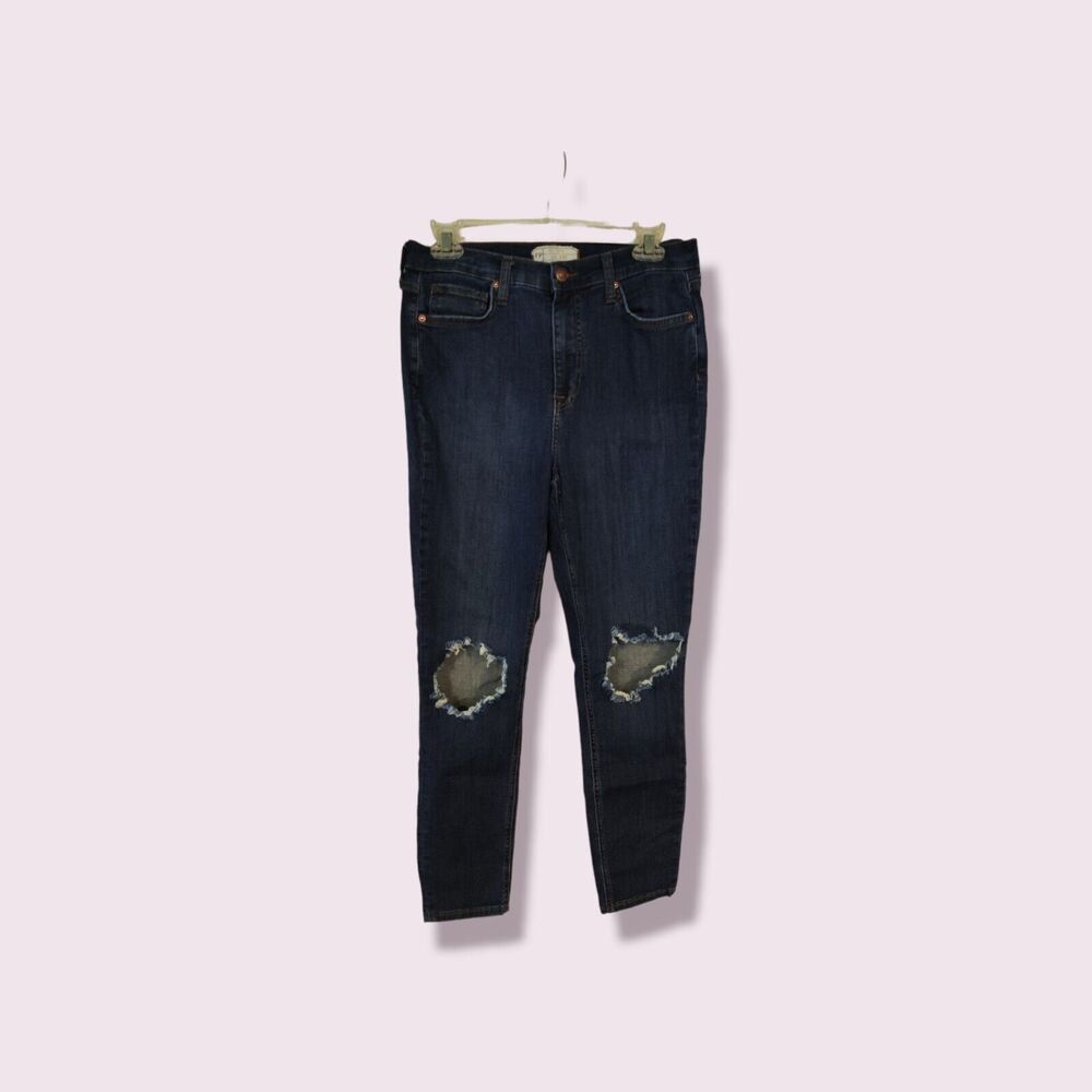 Free People Jeans Women's 31R Blue Denim Distressed Skinny Ankle High Rise